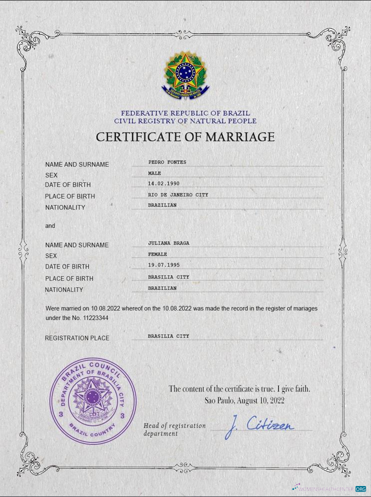 Реалистичный Скачать Бразилия Marriage Certificate PSD Шаблон Photoshop Шаблон