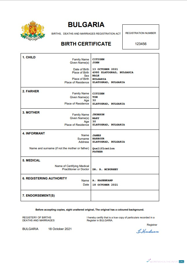 Премиум Скачать Болгария Vital Record Birth Certificate Word и PDF Шаблон Photoshop Шаблон