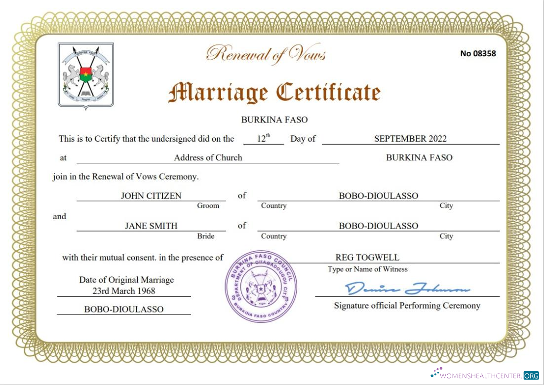 Премиум Скачать Буркина-Фасо Marriage Certificate Word и PDF Шаблон Photoshop Шаблон