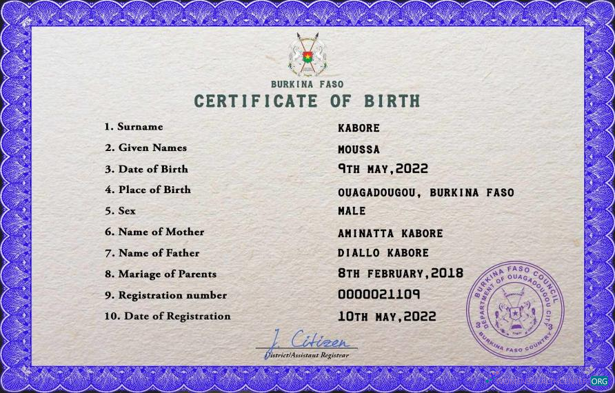 Реалистичный Скачать Буркина-Фасо Vital Record Birth Certificate PSD Шаблон Photoshop Шаблон