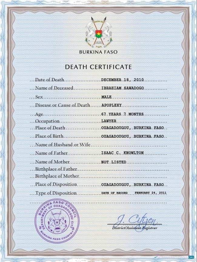 Профессиональный Скачать Буркина-Фасо Vital Record Death Certificate PSD Шаблон Photoshop Шаблон