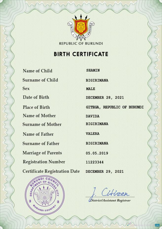 Качественный Скачать Бурунди Vital Record Birth Certificate PSD Шаблон Photoshop Шаблон