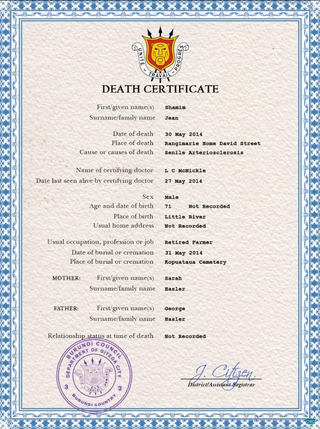 Профессиональный Скачать Бурунди Vital Record Death Certificate PSD Шаблон Photoshop Шаблон