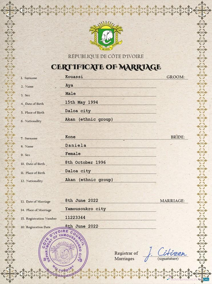 Профессиональный Скачать Côte D’Ivoire Marriage Certificate PSD Шаблон Photoshop Шаблон
