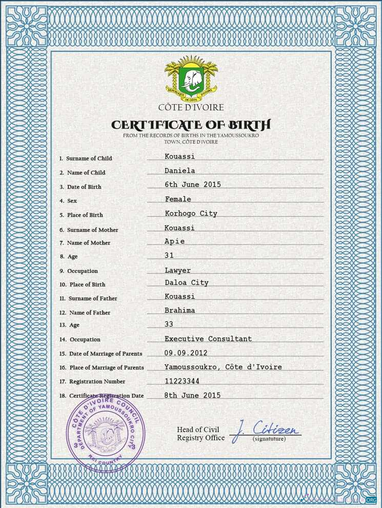Редактируемый Скачать Côte D’Ivoire Vital Record Birth Certificate PSD Шаблон Photoshop Шаблон