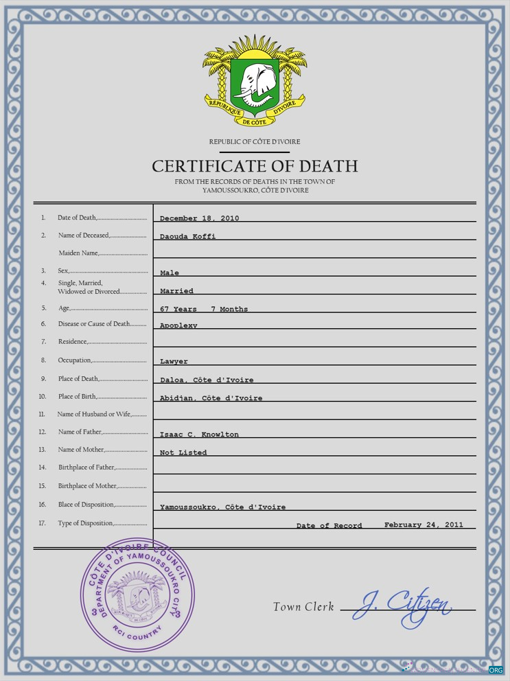 Редактируемый Скачать Côte D’Ivoire Vital Record Death Certificate PSD Шаблон Photoshop Шаблон