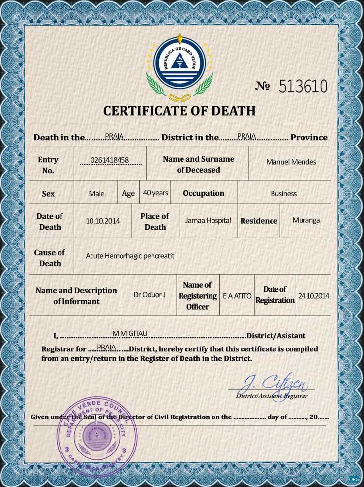 Реалистичный Скачать Кабо-Верде Death Certificate PSD Шаблон Photoshop Шаблон