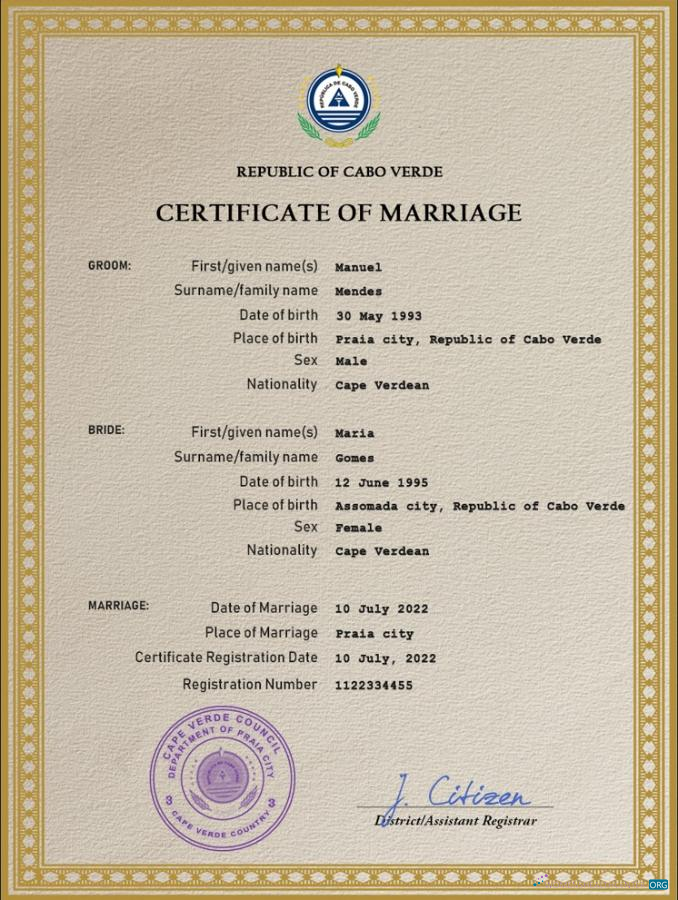 Профессиональный Скачать Кабо-Верде Marriage Certificate PSD Шаблон Photoshop Шаблон