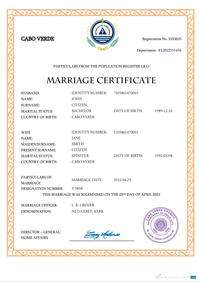 Качественный Скачать Кабо-Верде Marriage Certificate Word и PDF Шаблон Photoshop Шаблон