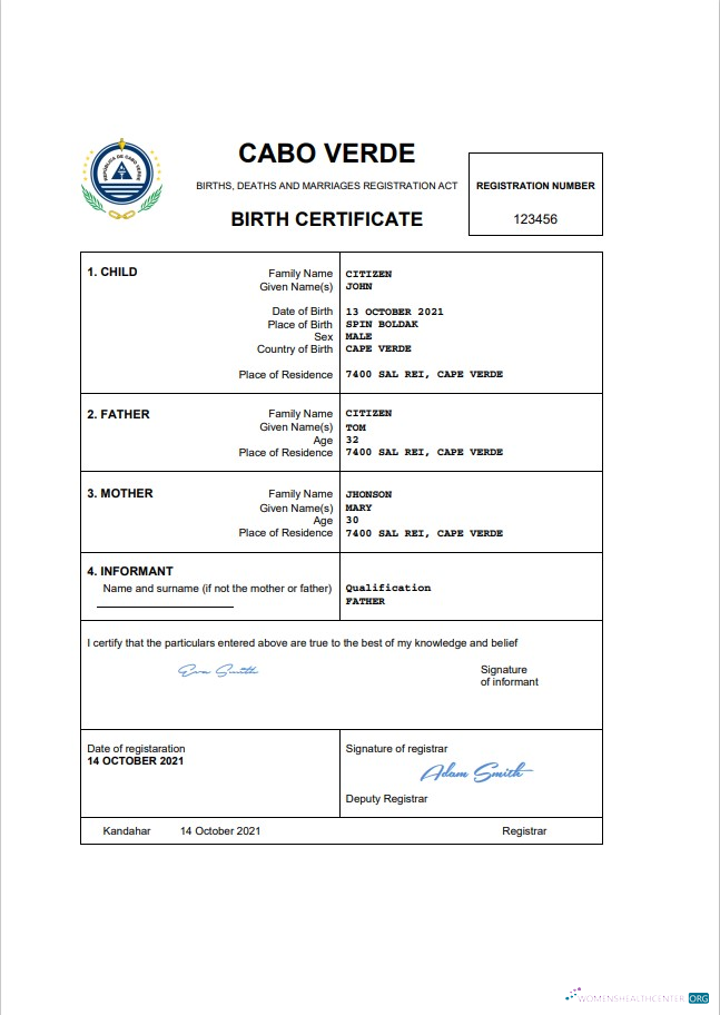 Реалистичный Скачать Кабо-Верде Vital Record Birth Certificate Word и PDF Шаблон Photoshop Шаблон