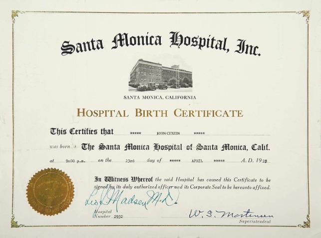 Премиум Скачать California Santa Monica Hospital Birth Certificate Photoshop Шаблон