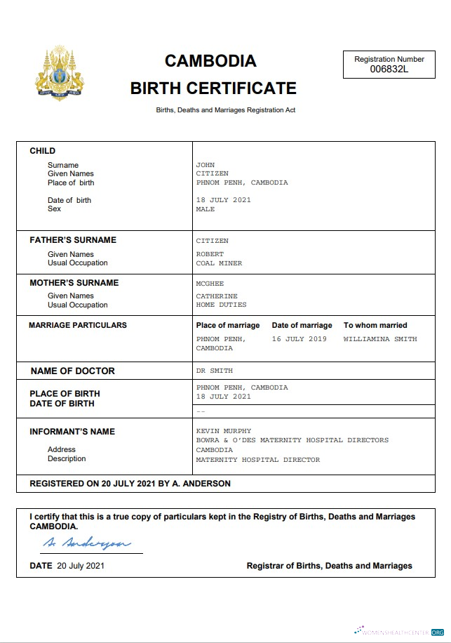 Качественный Скачать Камбоджа Birth Certificate Word и PDF Шаблон Photoshop Шаблон
