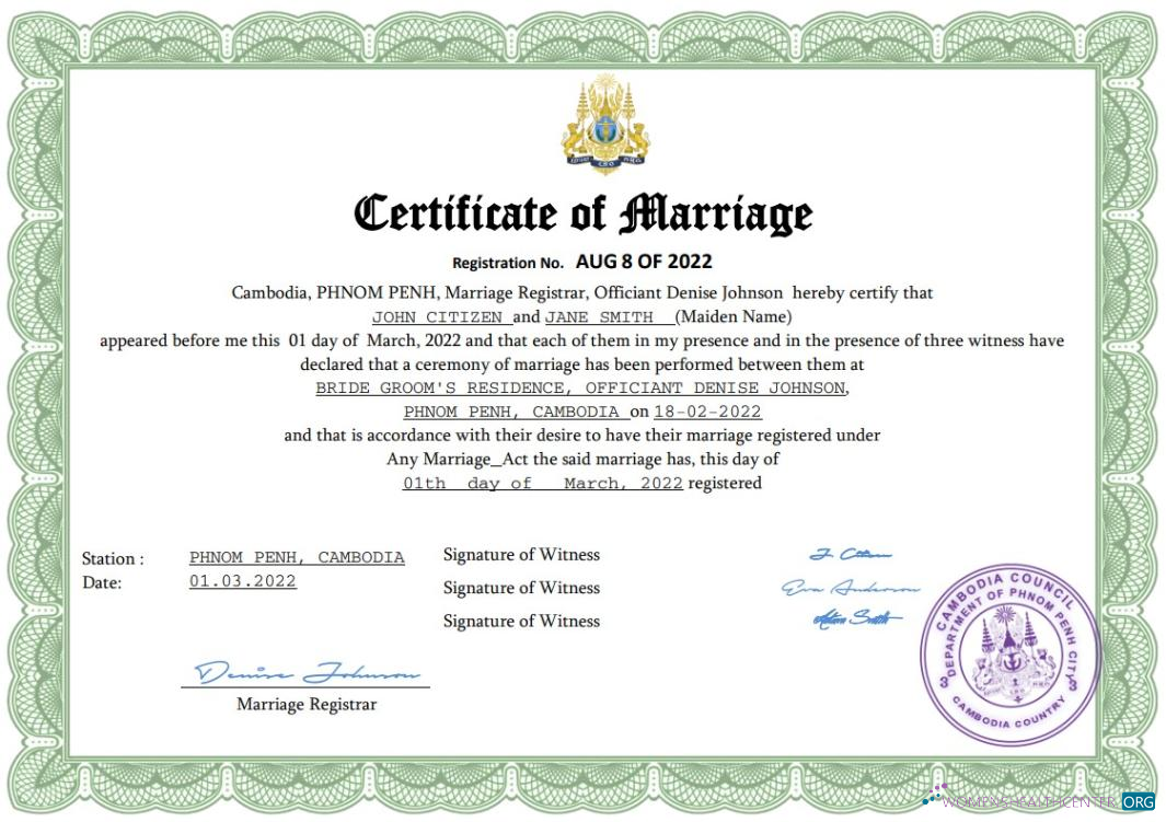 Реалистичный Скачать Камбоджа Marriage Certificate Word и PDF Шаблон Photoshop Шаблон