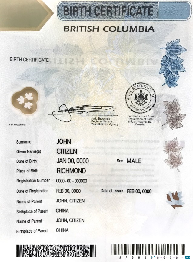 Премиум Скачать Канада British Columbia Birth Certificate Шаблон в PSD Photoshop Шаблон
