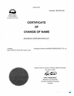 Качественный Скачать Канада British Columbia Register Companies Name Change Certificate Photoshop Шаблон