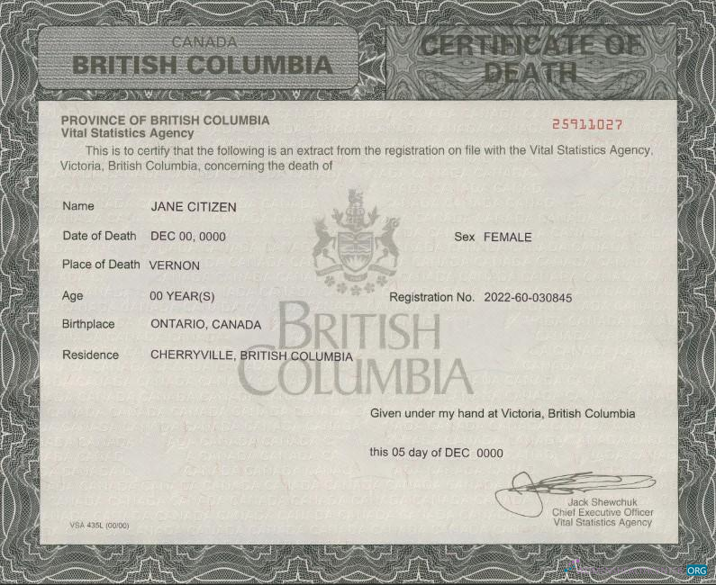 Реалистичный Скачать Канада British Columbia Death Certificate Шаблон в PSD Формат Photoshop Шаблон