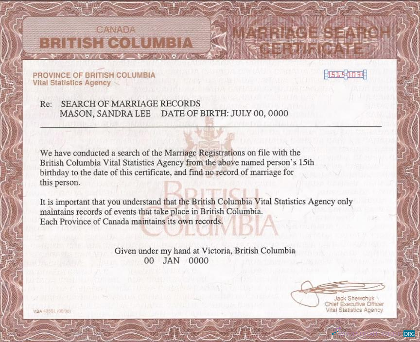 Редактируемый Скачать Канада British Columbia Marriage Certificate Шаблон в PSD Формат Photoshop Шаблон