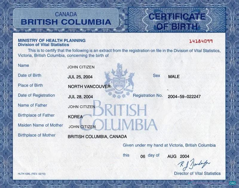 Редактируемый Скачать Канада Ministry Health Planning Birth Certificate Photoshop Шаблон