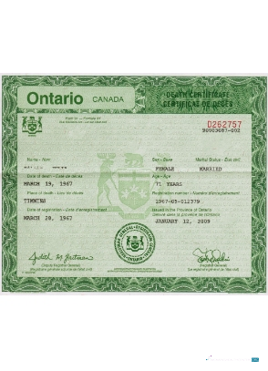Реалистичный Скачать Канада Ontario Death Certificate Photoshop Шаблон