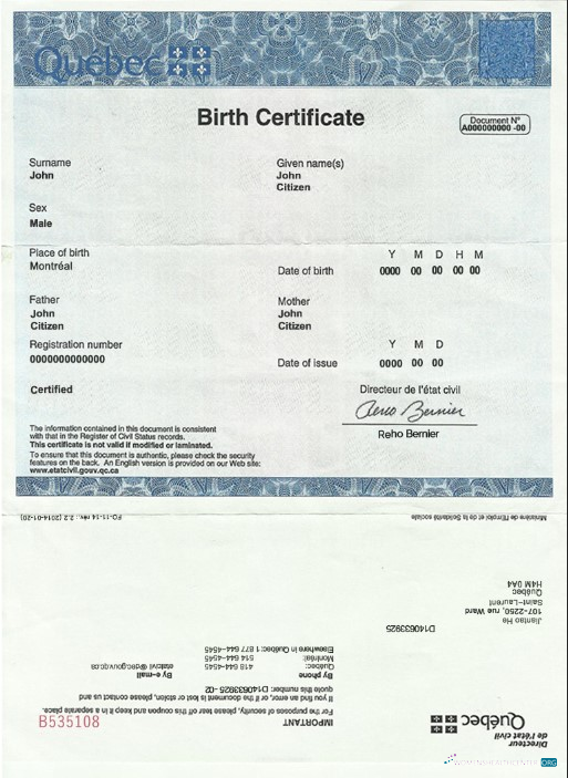 Реалистичный Скачать Канада Quebec Birth Certificate Шаблон в PSD Photoshop Шаблон