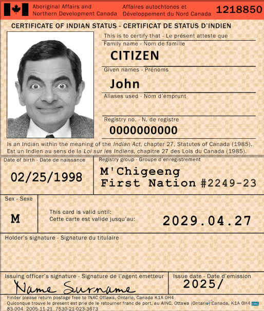 Редактируемый Скачать Канада Certificate Indian Status Photoshop Шаблон