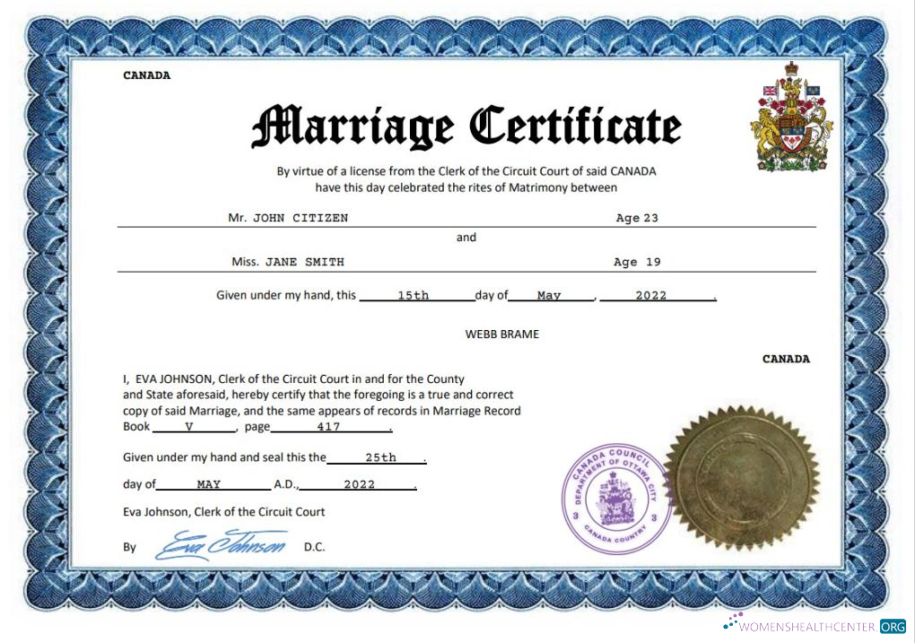 Редактируемый Скачать Канада Marriage Certificate Word и PDF Шаблон Photoshop Шаблон