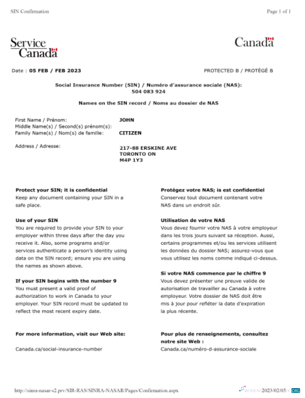 Премиум Скачать Канада Social Insurance Number (SIN) Confirmation Photoshop Шаблон