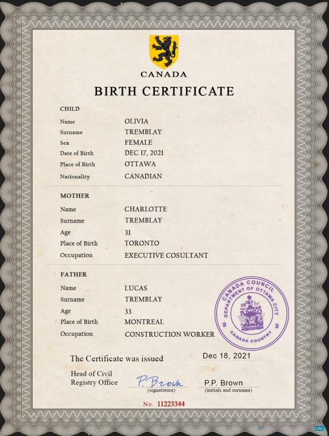 Профессиональный Скачать Канада Vital Record Birth Certificate PSD Шаблон Photoshop Шаблон