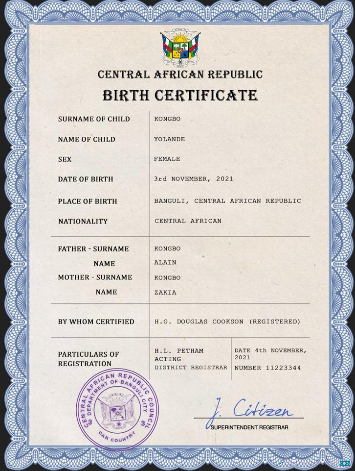 Качественный Скачать Центральноафриканская Республика Birth Certificate Photoshop Шаблон