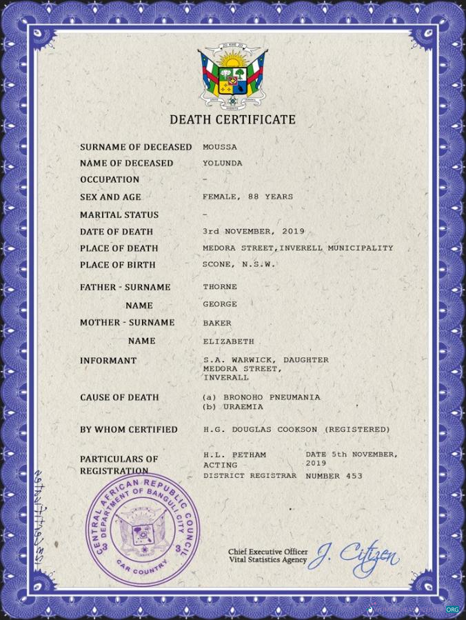 Качественный Скачать Центральноафриканская Республика Death Certificate PSD Шаблон Photoshop Шаблон