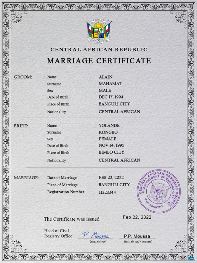 Профессиональный Скачать Центральноафриканская Республика Marriage Certificate PSD Шаблон Photoshop Шаблон