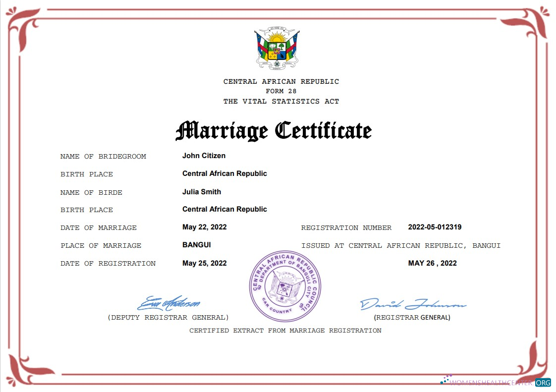 Профессиональный Скачать Центральноафриканская Республика Marriage Certificate Word и PDF Шаблон Photoshop Шаблон