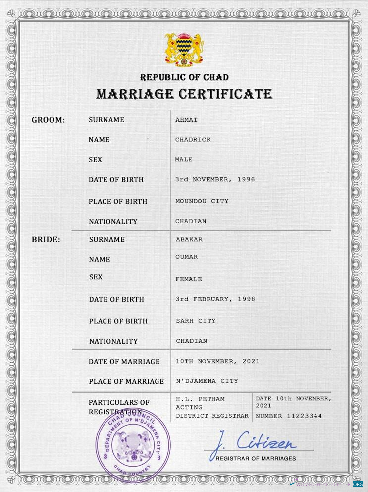 Редактируемый Скачать Чад Marriage Certificate PSD Шаблон Photoshop Шаблон
