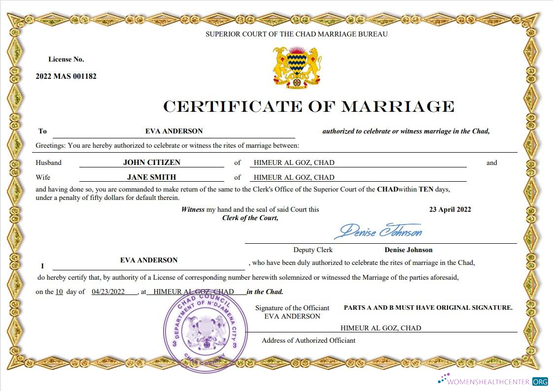 Редактируемый Скачать Чад Marriage Certificate Word и PDF Шаблон Photoshop Шаблон