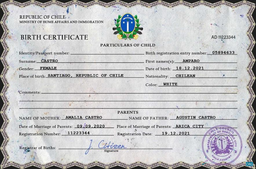 Качественный Скачать Чили Vital Record Birth Certificate PSD Шаблон Photoshop Шаблон
