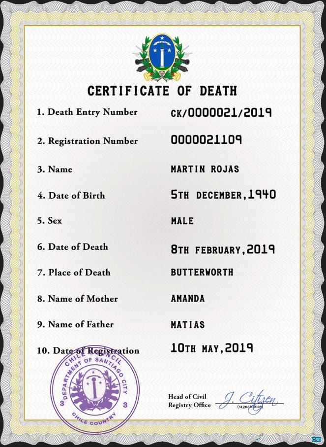 Редактируемый Скачать Чили Vital Record Death Certificate PSD Шаблон Photoshop Шаблон
