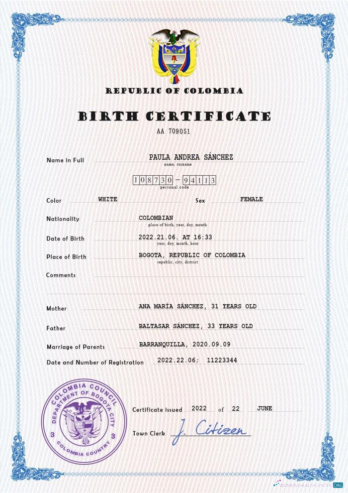 Редактируемый Скачать Колумбия Birth Certificate PSD Шаблон Photoshop Шаблон