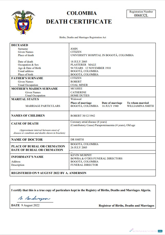 Качественный Скачать Колумбия Death Certificate Word и PDF Шаблон Photoshop Шаблон