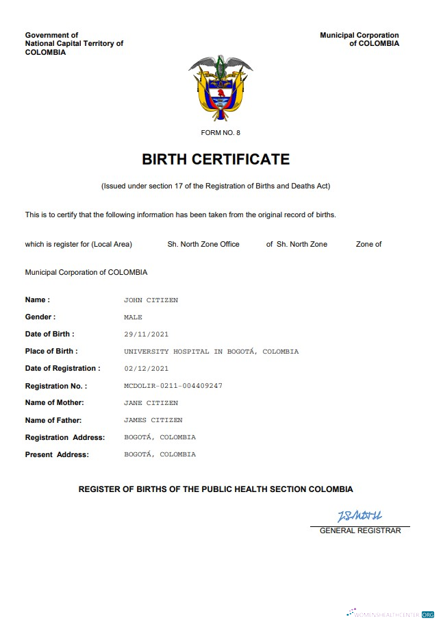 Редактируемый Скачать Колумбия Vital Record Birth Certificate Word и PDF Шаблон Photoshop Шаблон