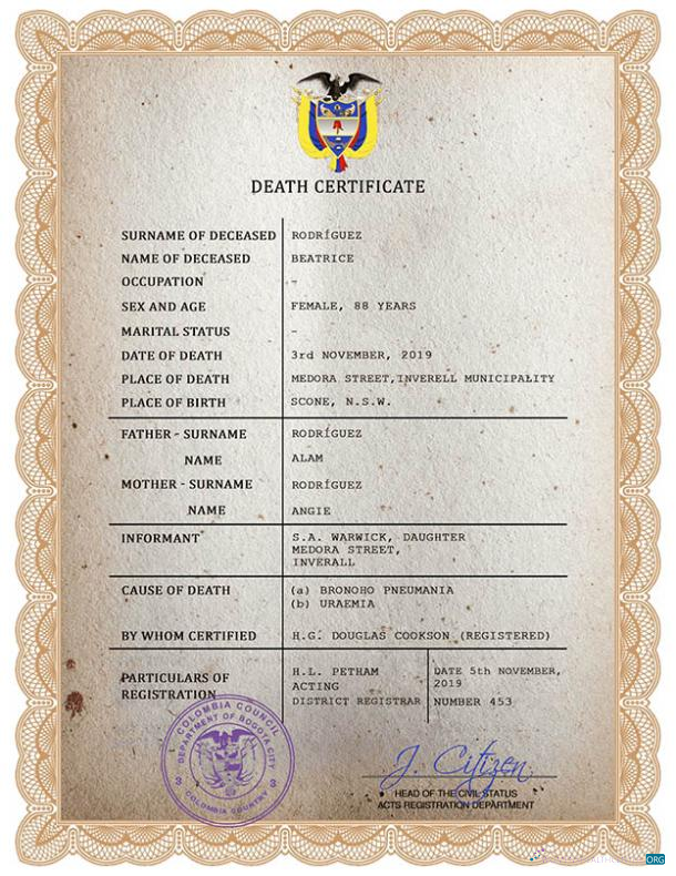 Реалистичный Скачать Колумбия Vital Record Death Certificate PSD Шаблон Photoshop Шаблон