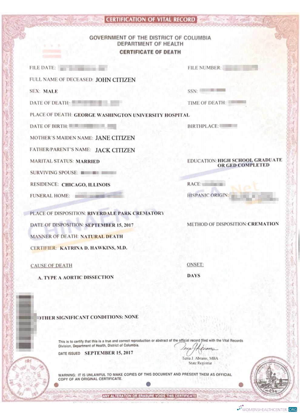 Премиум Скачать Columbia Район Certificate Death Photoshop Шаблон