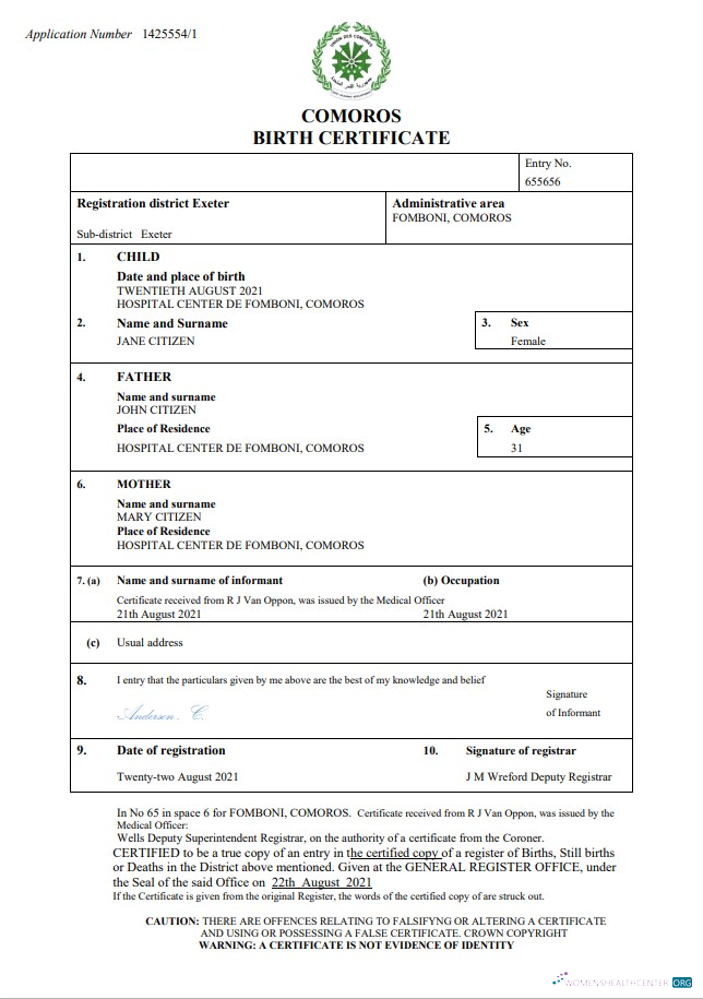 Качественный Скачать Коморы Birth Certificate Word и PDF Шаблон Photoshop Шаблон