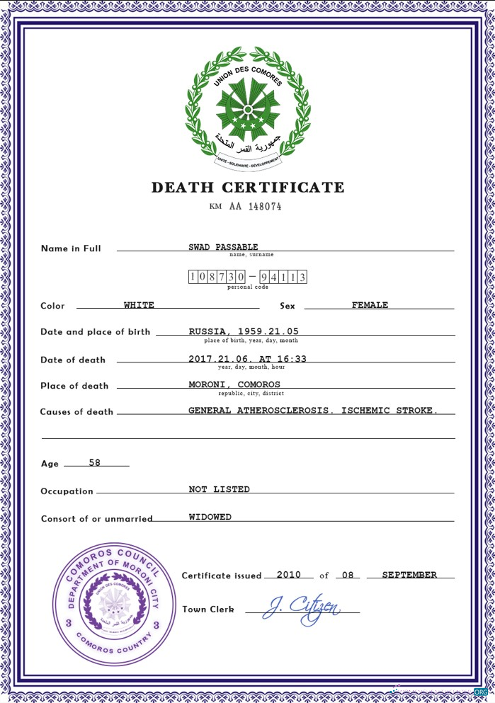 Качественный Скачать Коморы Death Certificate PSD Шаблон Photoshop Шаблон