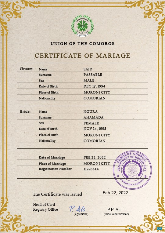 Премиум Скачать Коморы Marriage Certificate PSD Шаблон Photoshop Шаблон