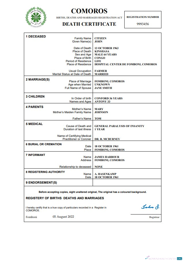 Качественный Скачать Коморы Vital Record Death Certificate Word и PDF Шаблон Photoshop Шаблон