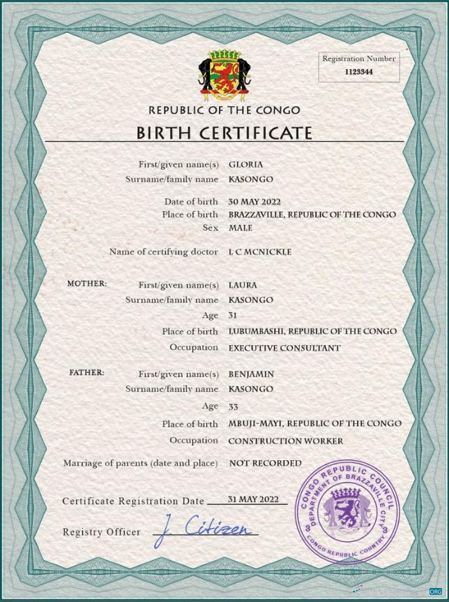 Премиум Скачать Конго (Республика ) Vital Record Birth Certificate PSD Шаблон Photoshop Шаблон