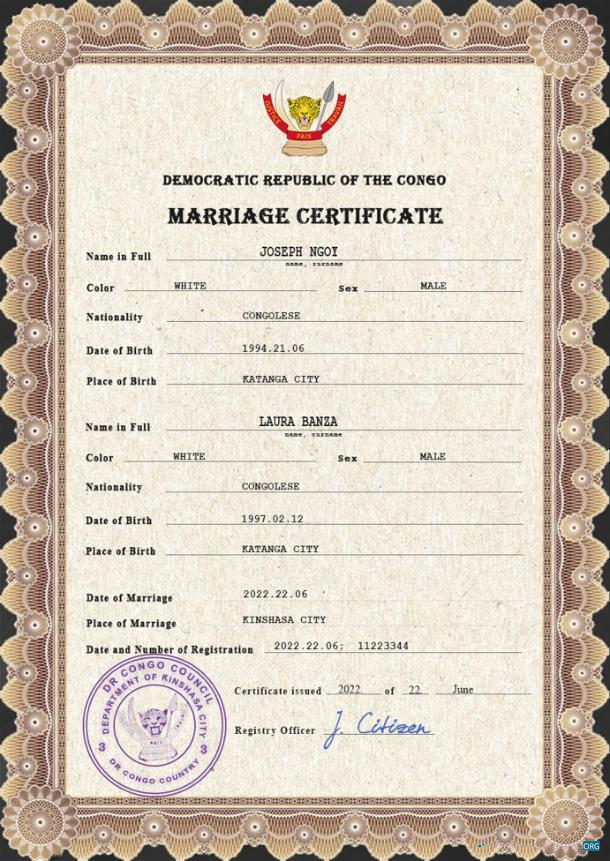 Редактируемый Скачать Конго Democratic Республика Marriage Certificate PSD Шаблон Photoshop Шаблон