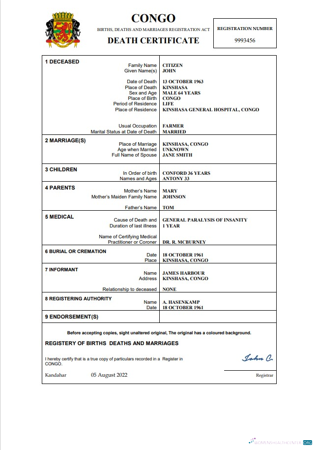 Профессиональный Скачать Конго Death Certificate Word и PDF Шаблон Photoshop Шаблон