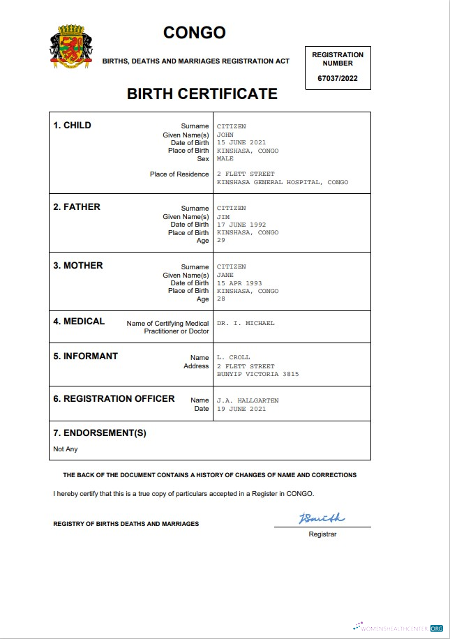 Качественный Скачать Конго Vital Record Birth Certificate Word и PDF Шаблон Photoshop Шаблон