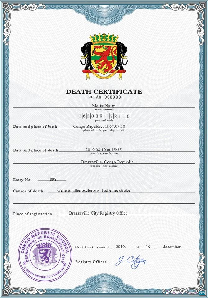Профессиональный Скачать Конго Vital Record Death Certificate PSD Шаблон Photoshop Шаблон